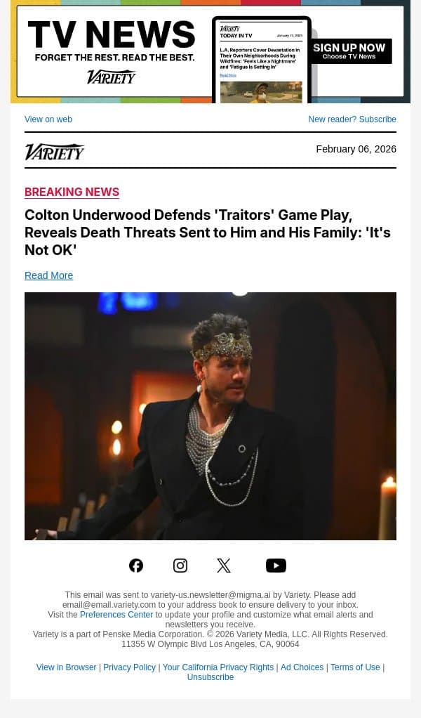 Colton Underwood Defends 'Traitors' Game Play, Reveals Death Threats Sent to Him and His Family: 'It's Not OK' email from Variety screenshot