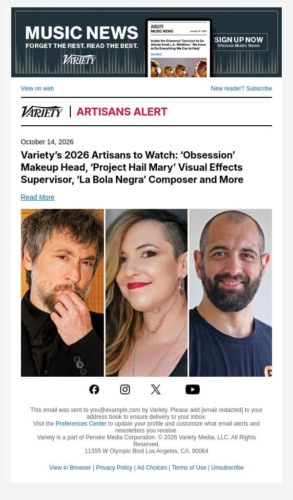 Variety’s 2026 Artisans to Watch: ‘Obsession’ Makeup Head, ‘Project Hail Mary’ Visual Effects Supervisor, ‘La Bola Negra’ Composer and More email from Variety screenshot