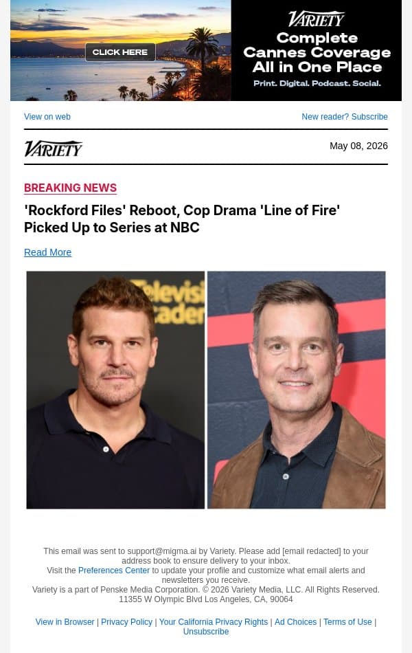 'Rockford Files' Reboot, Cop Drama 'Line of Fire' Picked Up to Series at NBC email from Variety screenshot