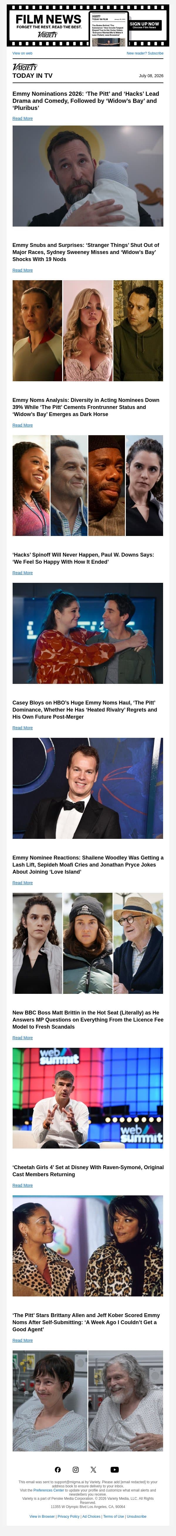 Emmy Noms; Emmy Snubs and Surprises; Emmy Noms Analysis email from Variety screenshot