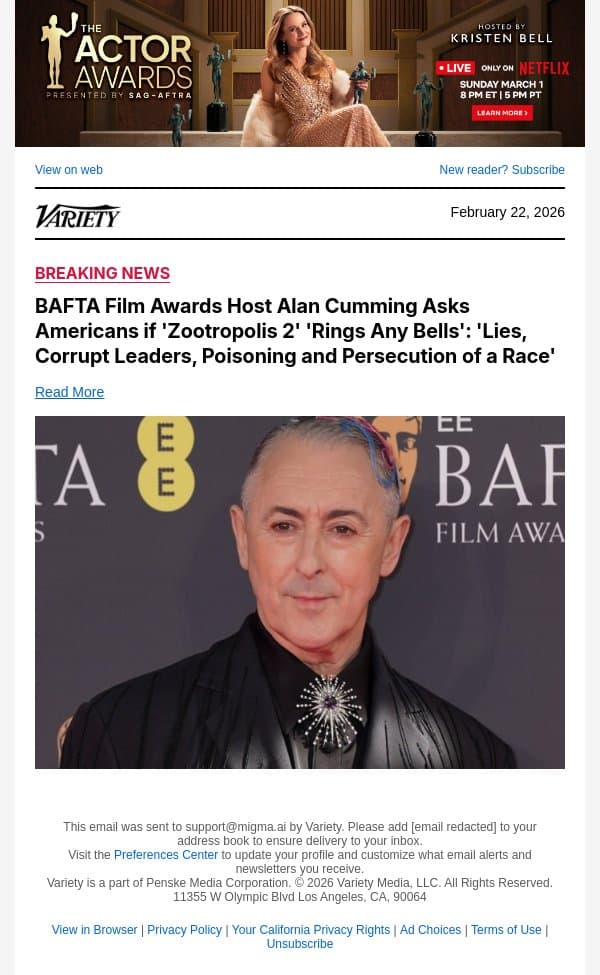 BAFTA Film Awards Host Alan Cumming Asks Americans if 'Zootropolis 2' 'Rings Any Bells': 'Lies, Corrupt Leaders, Poisoning and Persecution of a Race' email from Variety screenshot