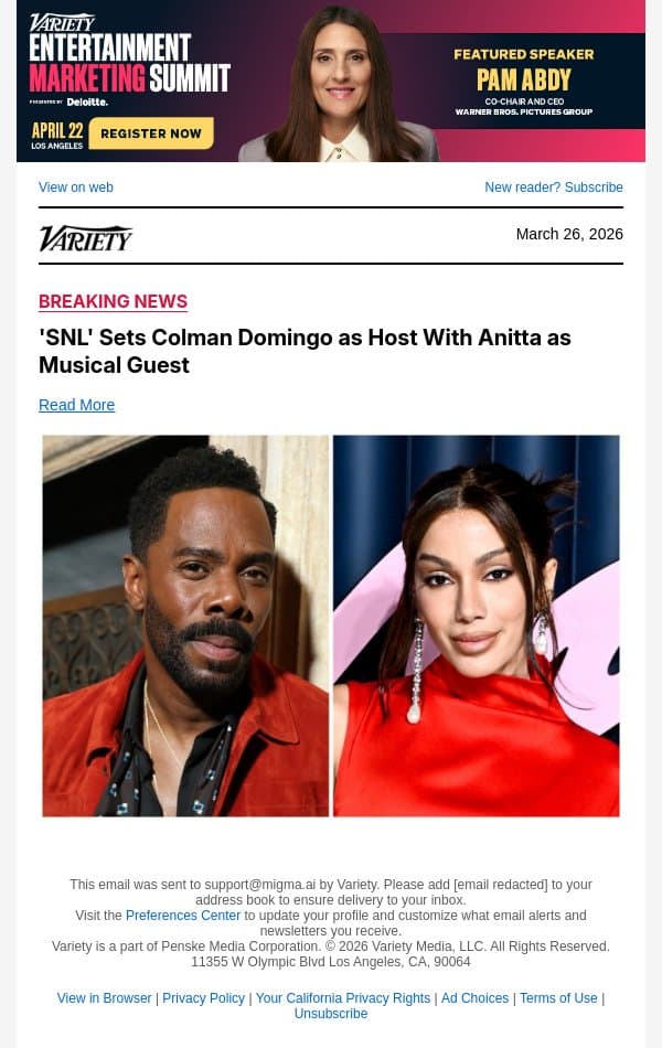 'SNL' Sets Colman Domingo as Host With Anitta as Musical Guest email from Variety screenshot