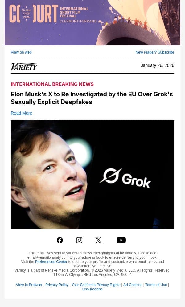 Elon Musk's X to Be Investigated by the EU Over Grok's Sexually Explicit Deepfakes email from Variety screenshot