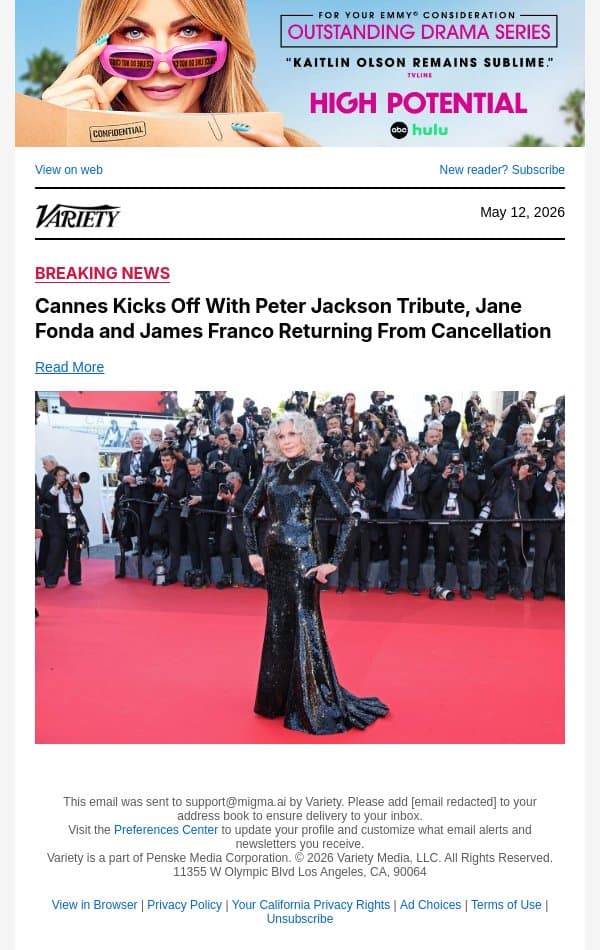 Cannes Kicks Off With Peter Jackson Tribute, Jane Fonda and James Franco Returning From Cancellation email from Variety screenshot