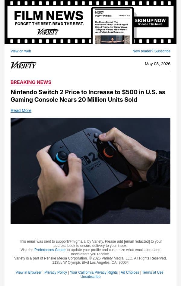 Nintendo Switch 2 Price to Increase to $500 in U.S. as Gaming Console Nears 20 Million Units Sold email from Variety screenshot