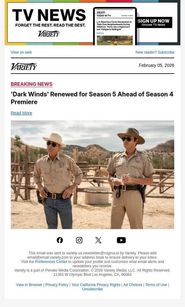 'Dark Winds' Renewed for Season 5 Ahead of Season 4 Premiere email from Variety screenshot