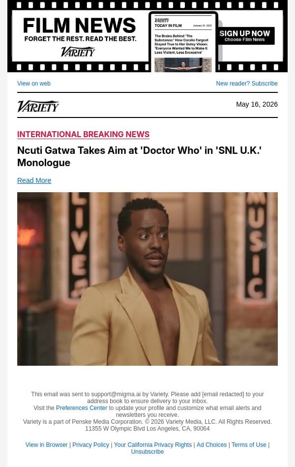 Ncuti Gatwa Takes Aim at 'Doctor Who' in 'SNL U.K.' Monologue email from Variety screenshot