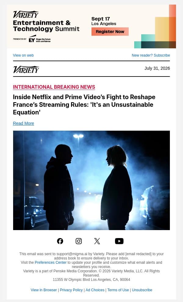 Inside Netflix and Prime Video’s Fight to Reshape France’s Streaming Rules: 'It's an Unsustainable Equation' email from Variety screenshot