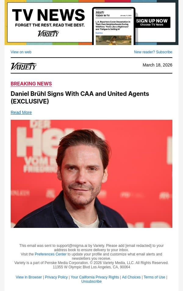Daniel Brühl Signs With CAA and United Agents (EXCLUSIVE) email from Variety screenshot