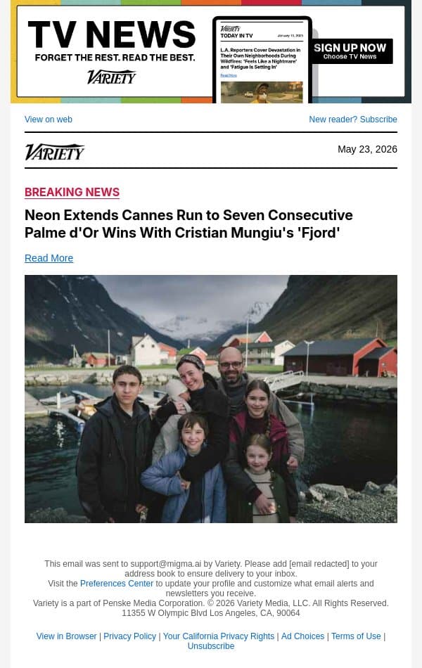 Neon Extends Cannes Run to Seven Consecutive Palme d'Or Wins With Cristian Mungiu's 'Fjord' email from Variety screenshot