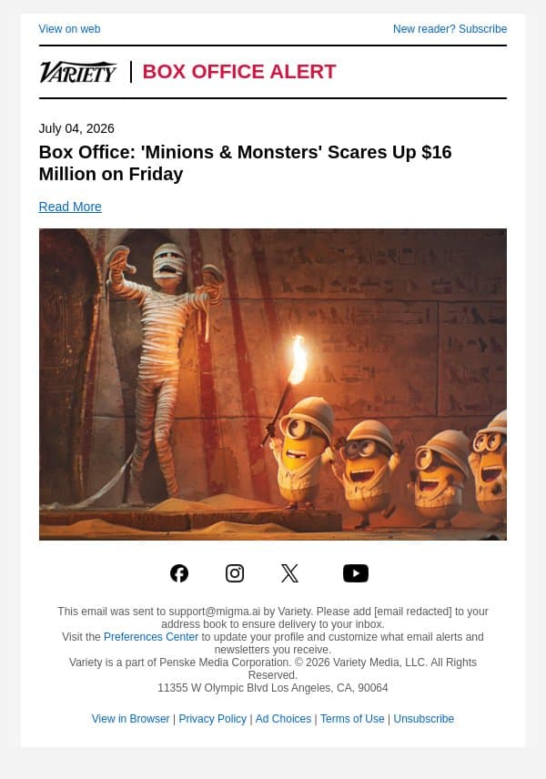 Box Office: 'Minions & Monsters' Scares Up $16 Million on Friday email from Variety screenshot