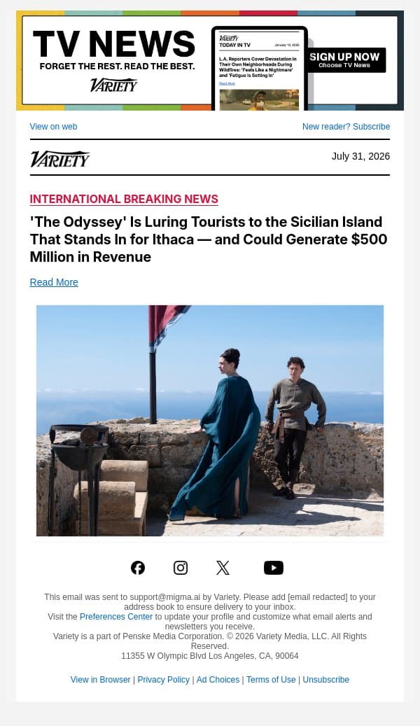 'The Odyssey' Is Luring Tourists to the Sicilian Island That Stands In for Ithaca — and Could Generate $500 Million in Revenue email from Variety screenshot