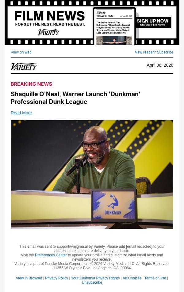 Shaquille O'Neal, Warner Launch 'Dunkman' Professional Dunk League email from Variety screenshot