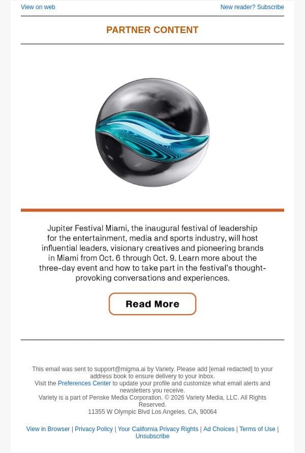 Jupiter Festival Miami to Assemble Leaders in Media, Entertainment and Sports for Global Event Focused on Future of Content email from Variety screenshot