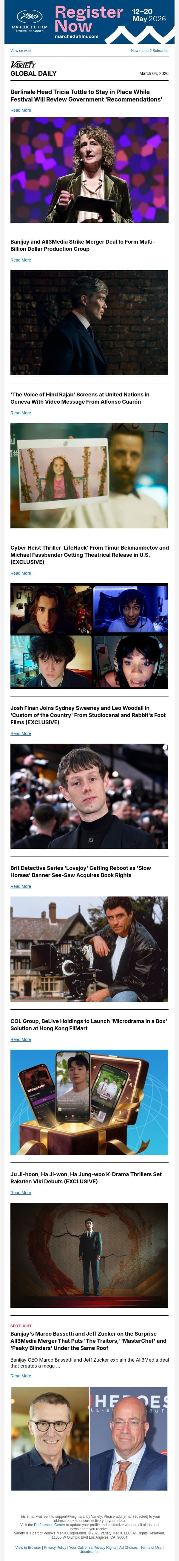 Tricia Tuttle Staying at Berlinale; Banijay-All3Media Unveil Mega Merger; 'Voice of Hind Rajab' Gets UN Screening email from Variety screenshot