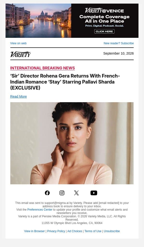‘Sir’ Director Rohena Gera Returns With French-Indian Romance ‘Stay’ Starring Pallavi Sharda (EXCLUSIVE) email from Variety screenshot