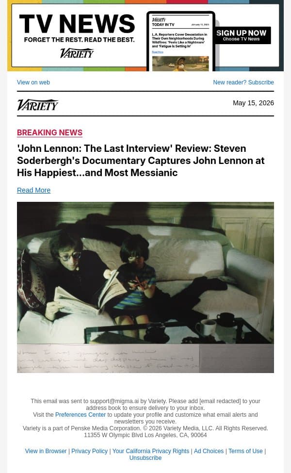 'John Lennon: The Last Interview' Review: Steven Soderbergh's Documentary Captures John Lennon at His Happiest...and Most Messianic email from Variety screenshot