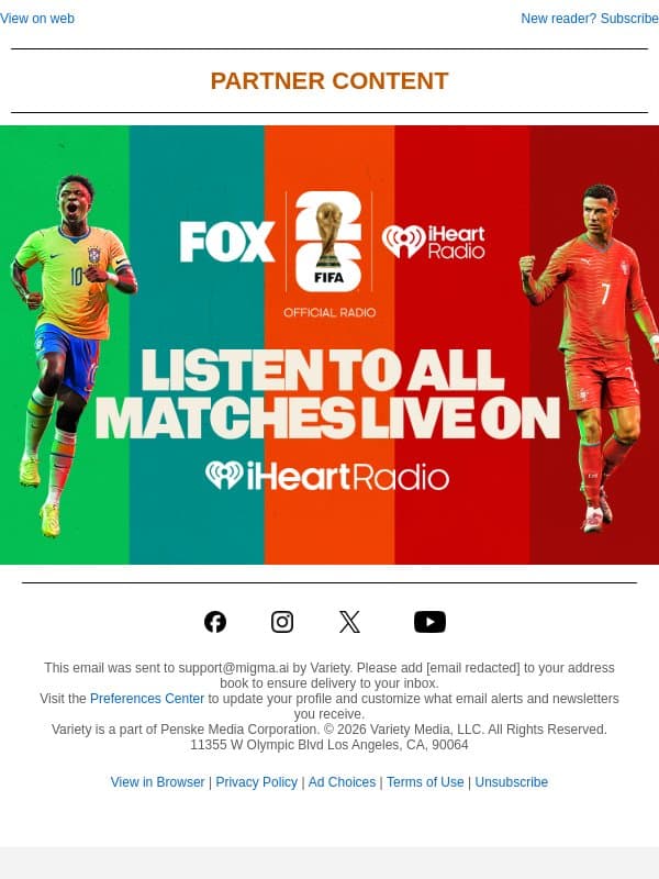 Argentina vs. England - FIFA World Cup 2026™ Live on iHeartRadio email from Variety screenshot