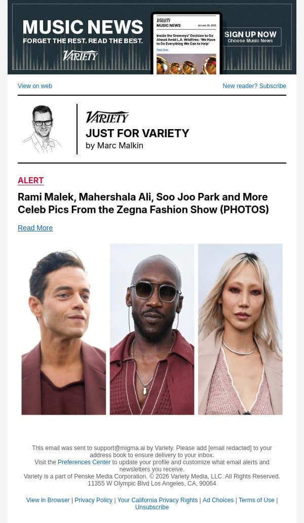 Rami Malek, Mahershala Ali, Soo Joo Park and More Celeb Pics From the Zegna Fashion Show (PHOTOS) email from Variety screenshot