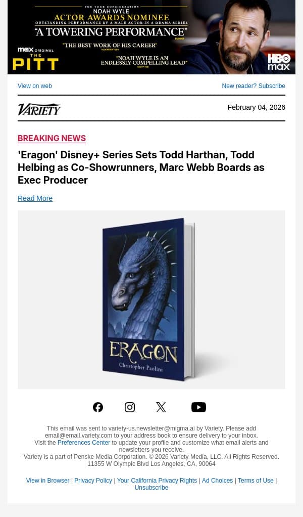 'Eragon' Disney+ Series Sets Todd Harthan, Todd Helbing as Co-Showrunners, Marc Webb Boards as Exec Producer email from Variety screenshot