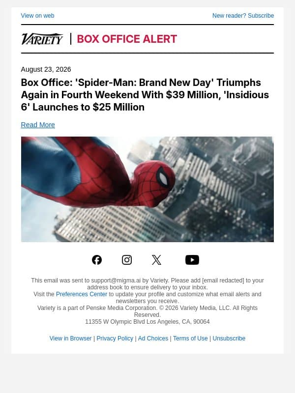 Box Office: 'Spider-Man: Brand New Day' Triumphs Again in Fourth Weekend With $39 Million, 'Insidious 6' Launches to $25 Million email from Variety screenshot
