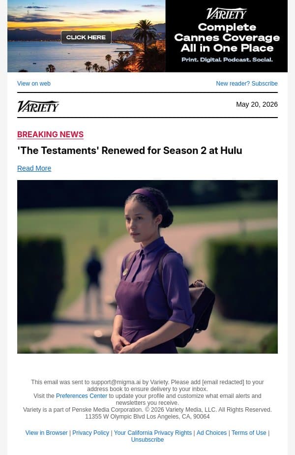 'The Testaments' Renewed for Season 2 at Hulu email from Variety screenshot