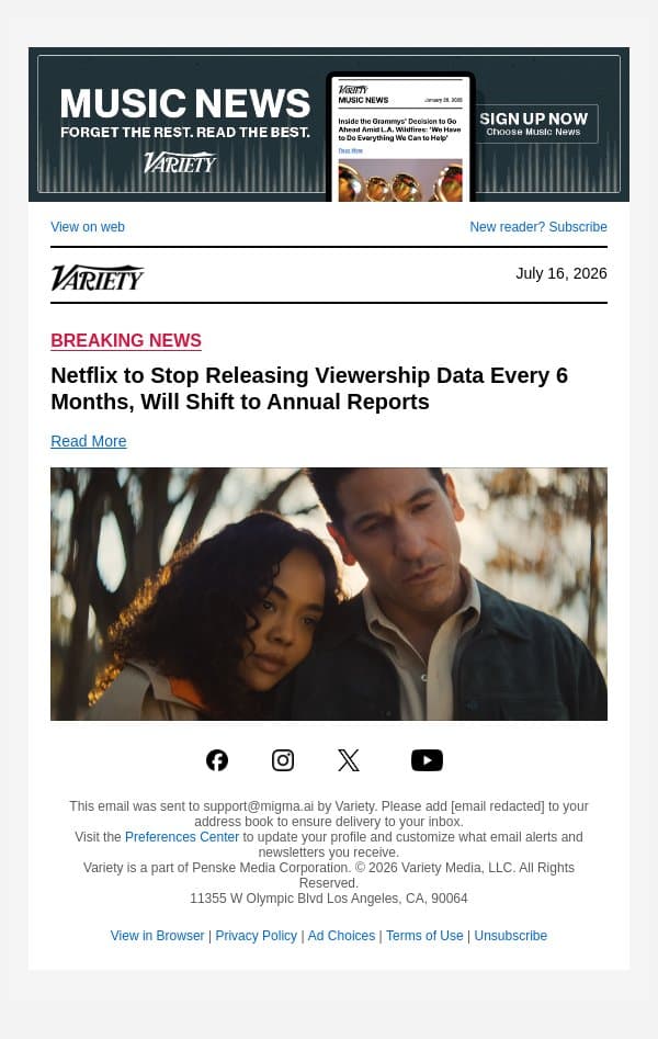 Netflix to Stop Releasing Viewership Data Every 6 Months, Will Shift to Annual Reports email from Variety screenshot