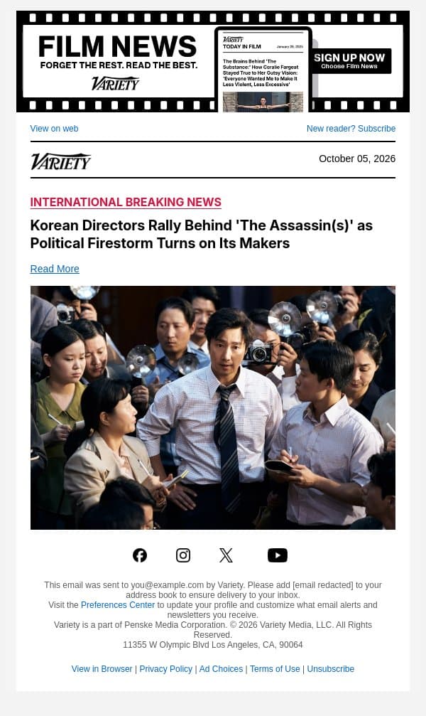 Korean Directors Rally Behind 'The Assassin(s)' as Political Firestorm Turns on Its Makers email from Variety screenshot