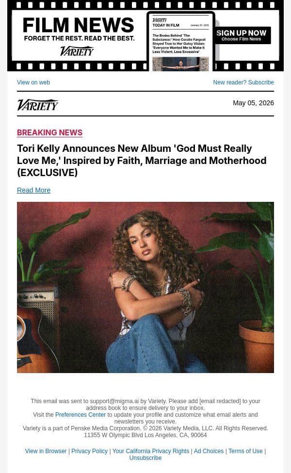 Tori Kelly Announces New Album 'God Must Really Love Me,' Inspired by Faith, Marriage and Motherhood (EXCLUSIVE) email from Variety screenshot
