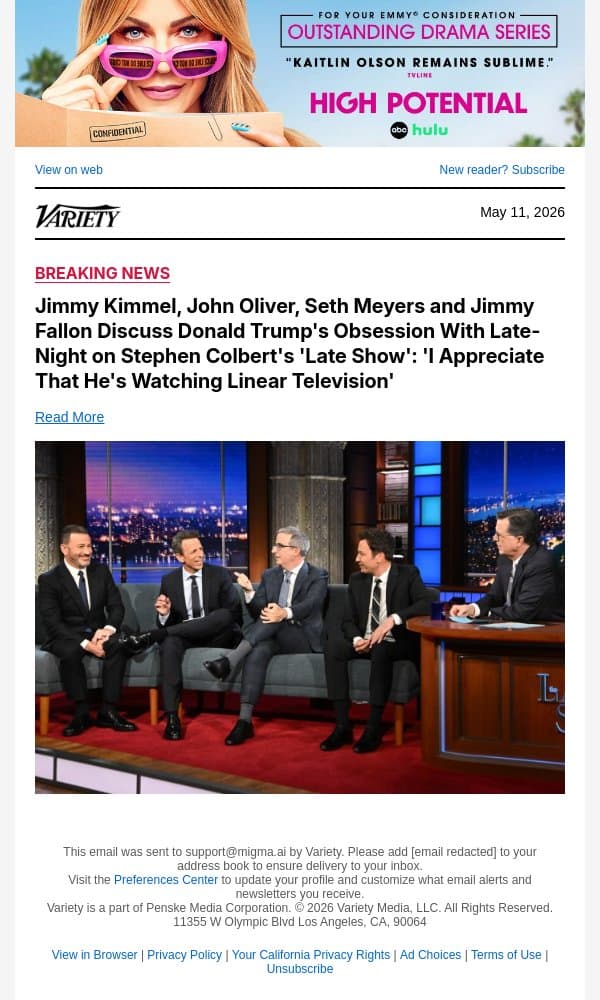 Jimmy Kimmel, John Oliver, Seth Meyers and Jimmy Fallon Discuss Donald Trump's Obsession With Late-Night on Stephen Colbert's 'Late Show': 'I Appreciate That He's Watching Linear Television' email from Variety screenshot