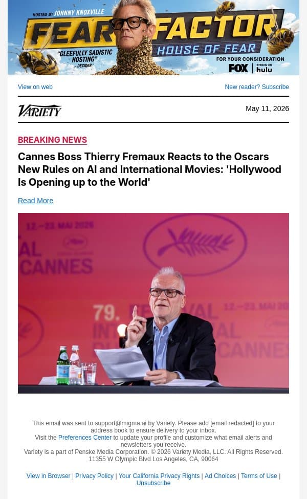 Cannes Boss Thierry Fremaux Reacts to the Oscars New Rules on AI and International Movies: 'Hollywood Is Opening up to the World' email from Variety screenshot