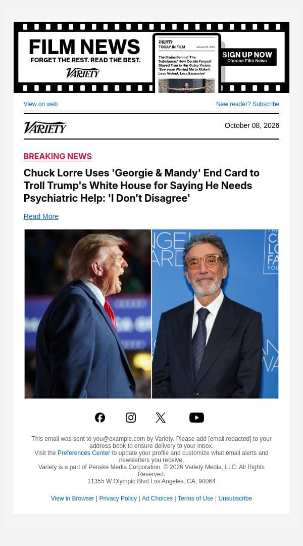 Chuck Lorre Uses 'Georgie & Mandy' End Card to Troll Trump's White House for Saying He Needs Psychiatric Help: 'I Don’t Disagree' email from Variety screenshot