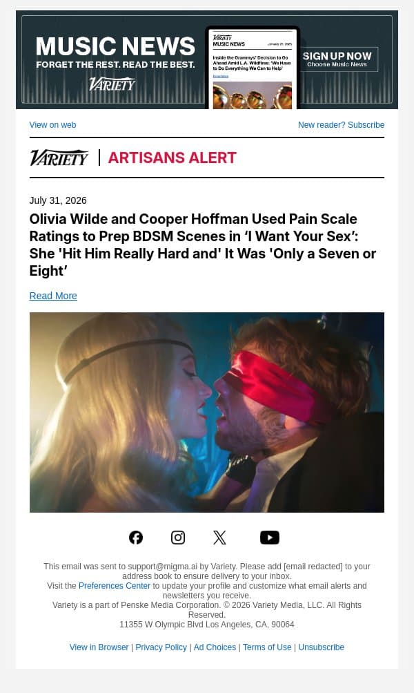 Olivia Wilde and Cooper Hoffman Used Pain Scale Ratings to Prep BDSM Scenes in ‘I Want Your Sex’: She 'Hit Him Really Hard and' It Was 'Only a Seven or Eight’ email from Variety screenshot
