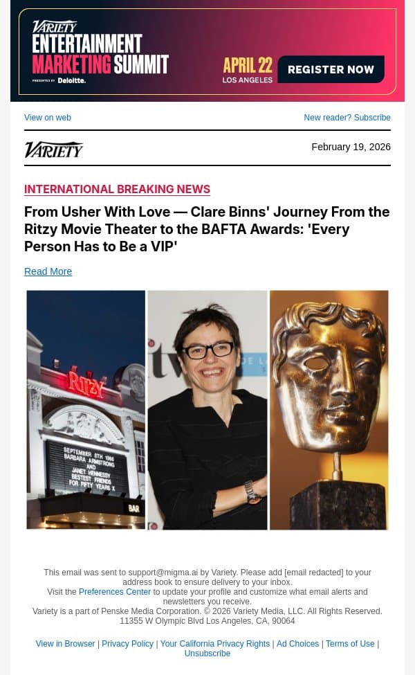 From Usher With Love — Clare Binns' Journey From the Ritzy Movie Theater to the BAFTA Awards: 'Every Person Has to Be a VIP' email from Variety screenshot