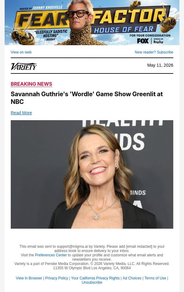 Savannah Guthrie's 'Wordle' Game Show Greenlit at NBC email from Variety screenshot