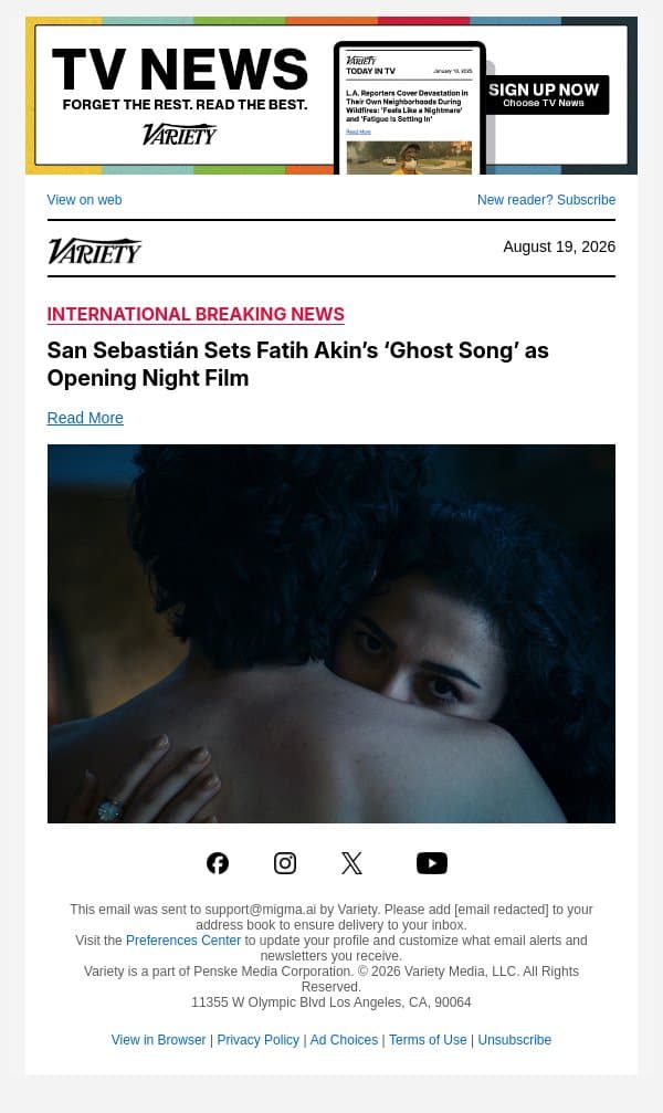 San Sebastián Sets Fatih Akin’s ‘Ghost Song’ as Opening Night Film email from Variety screenshot
