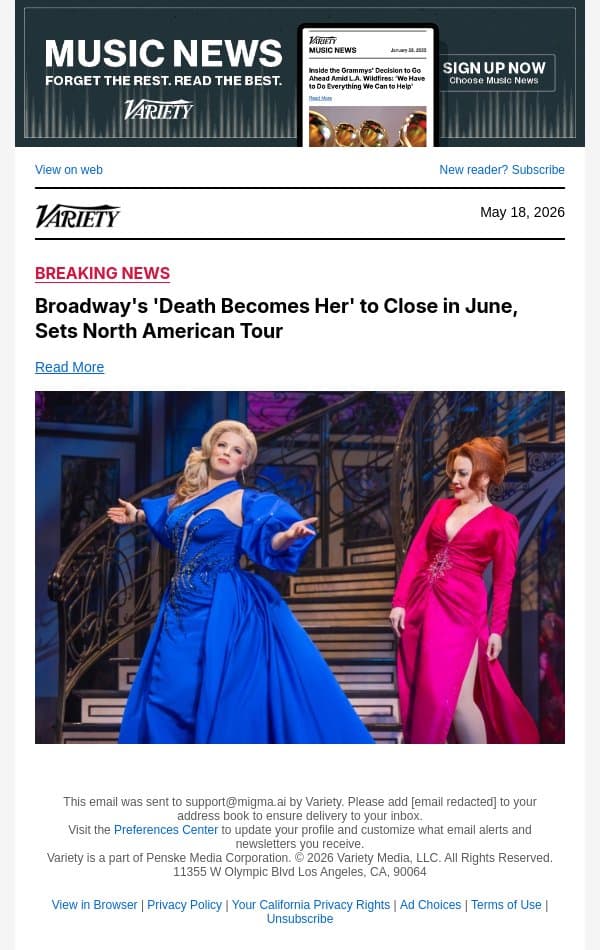 Broadway's 'Death Becomes Her' to Close in June, Sets North American Tour email from Variety screenshot