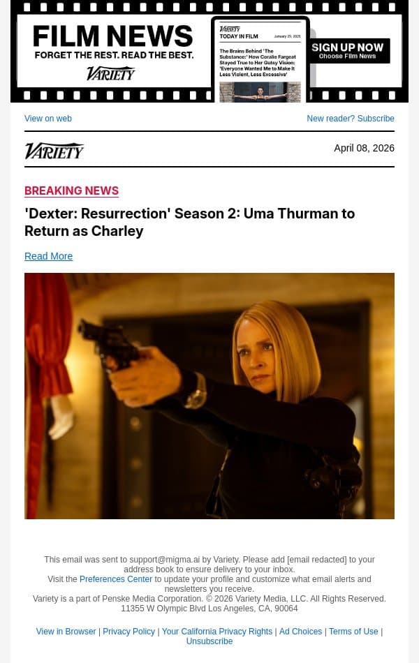 'Dexter: Resurrection' Season 2: Uma Thurman to Return as Charley email from Variety screenshot