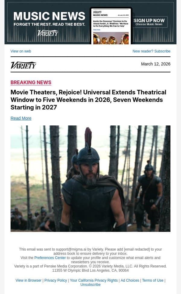 Movie Theaters, Rejoice! Universal Extends Theatrical Window to Five Weekends in 2026, Seven Weekends Starting in 2027 email from Variety screenshot