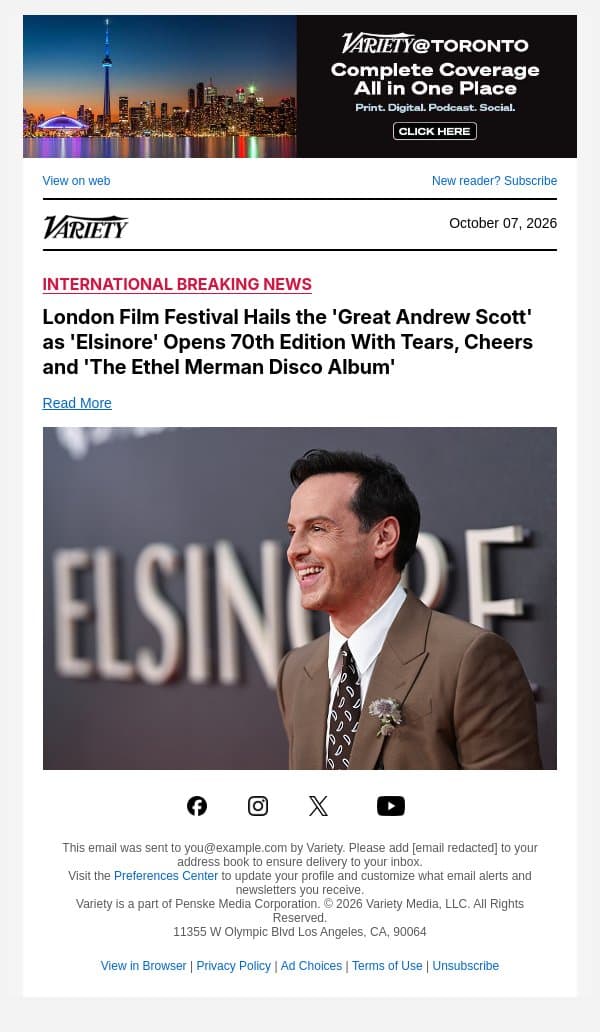 London Film Festival Hails the 'Great Andrew Scott' as 'Elsinore' Opens 70th Edition With Tears, Cheers and 'The Ethel Merman Disco Album' email from Variety screenshot