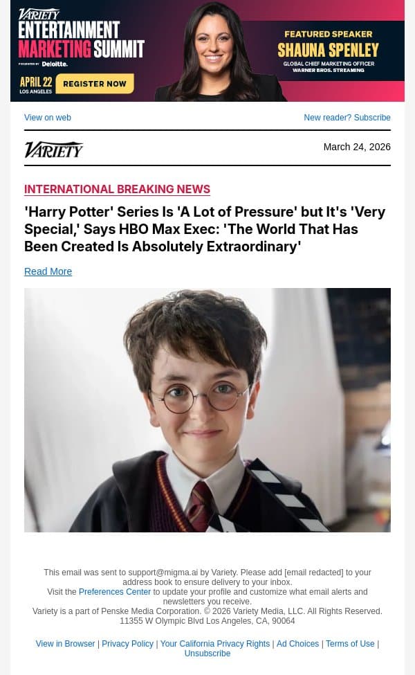 'Harry Potter' Series Is 'A Lot of Pressure' but It's 'Very Special,' Says HBO Max Exec: 'The World That Has Been Created Is Absolutely Extraordinary' email from Variety screenshot