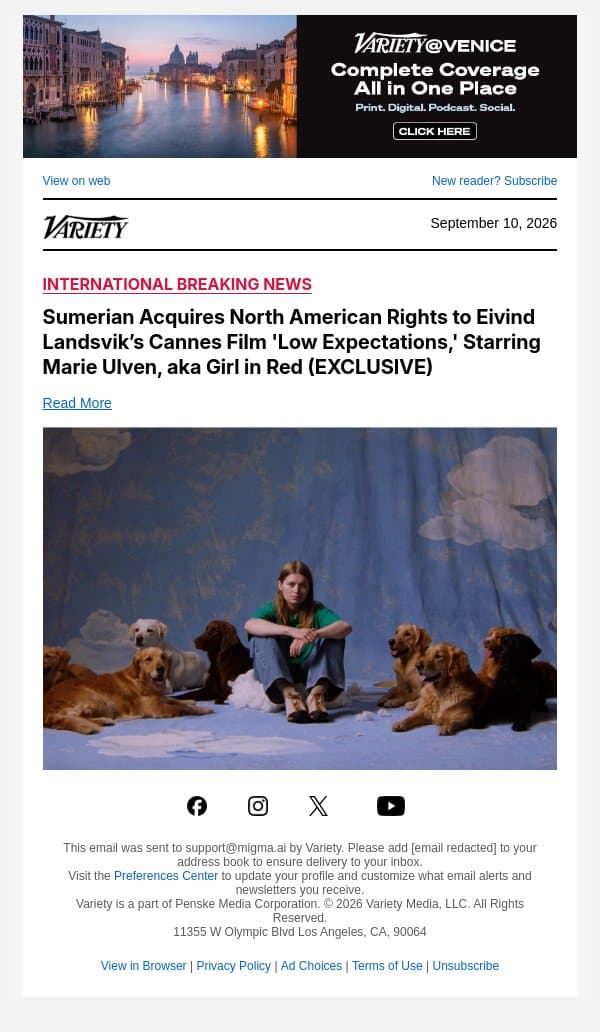 Sumerian Acquires North American Rights to Eivind Landsvik’s Cannes Film 'Low Expectations,' Starring Marie Ulven, aka Girl in Red (EXCLUSIVE) email from Variety screenshot