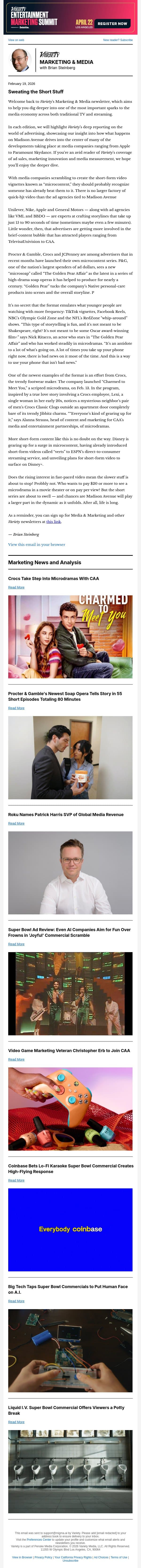 Marketing & Media Newsletter: Do Sweat the Short Stuff; Roku's New Sales Exec: CAA's Videogame Marketing Guru; Super Bowl Ad Wrap; and More email from Variety screenshot
