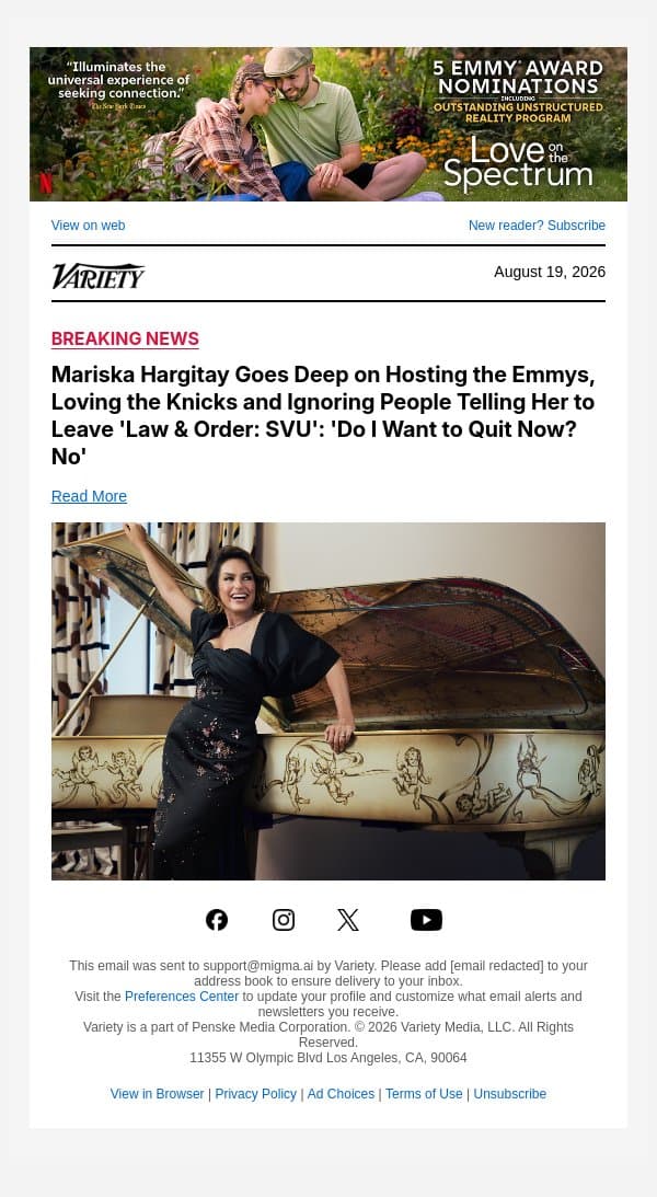 COVER STORY | Mariska Hargitay Goes Deep on Hosting the Emmys, Loving the Knicks and Ignoring People Telling Her to Leave 'Law & Order: SVU': 'Do I Want to Quit Now? No' email from Variety screenshot