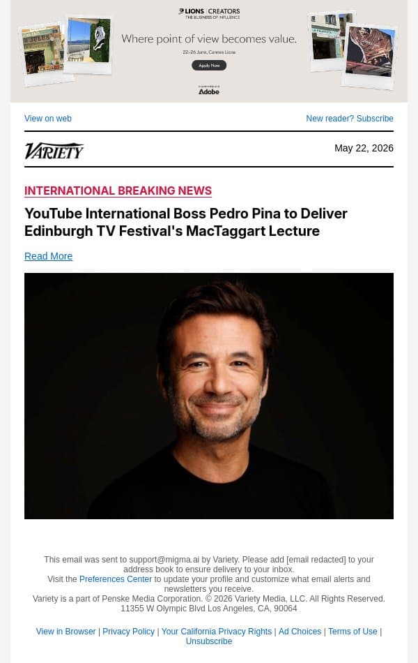 YouTube International Boss Pedro Pina to Deliver Edinburgh TV Festival's MacTaggart Lecture email from Variety screenshot
