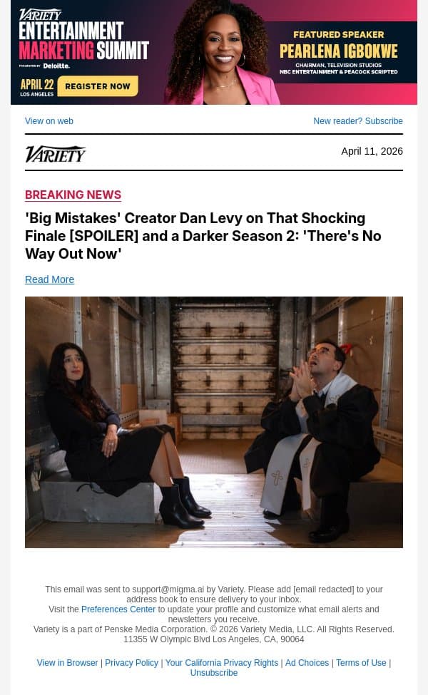'Big Mistakes' Creator Dan Levy on That Shocking Finale [SPOILER] and a Darker Season 2: 'There's No Way Out Now' email from Variety screenshot