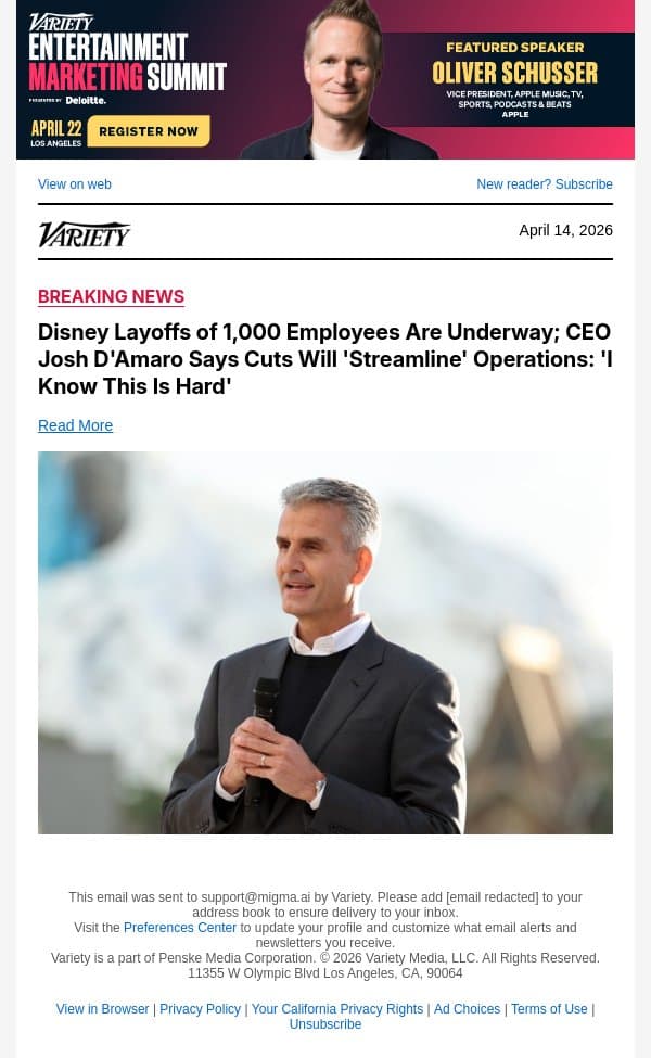 Disney Layoffs of 1,000 Employees Are Underway; CEO Josh D'Amaro Says Cuts Will 'Streamline' Operations: 'I Know This Is Hard' email from Variety screenshot