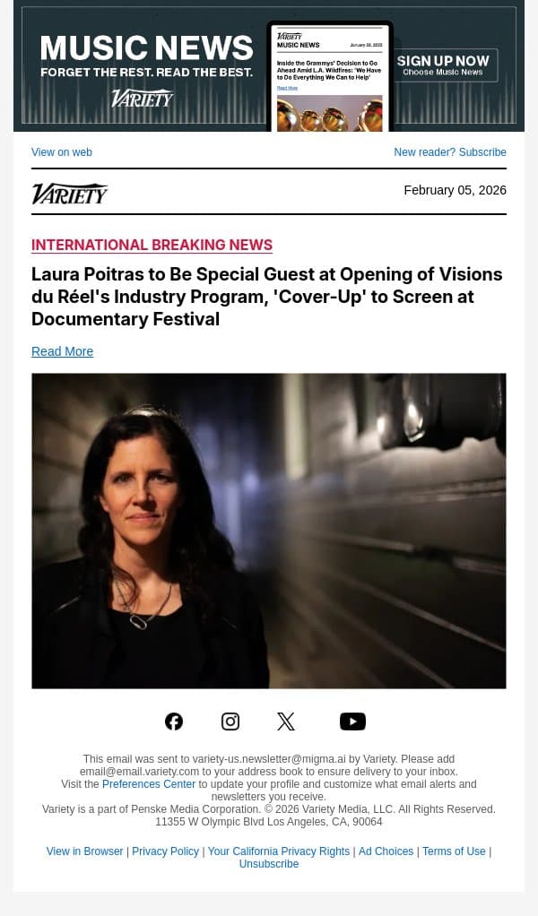 Laura Poitras to Be Special Guest at Opening of Visions du Réel's Industry Program, 'Cover-Up' to Screen at Documentary Festival email from Variety screenshot