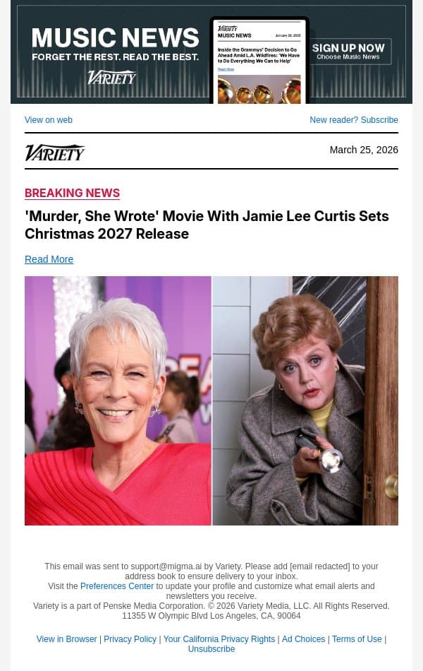 'Murder, She Wrote' Movie With Jamie Lee Curtis Sets Christmas 2027 Release email from Variety screenshot