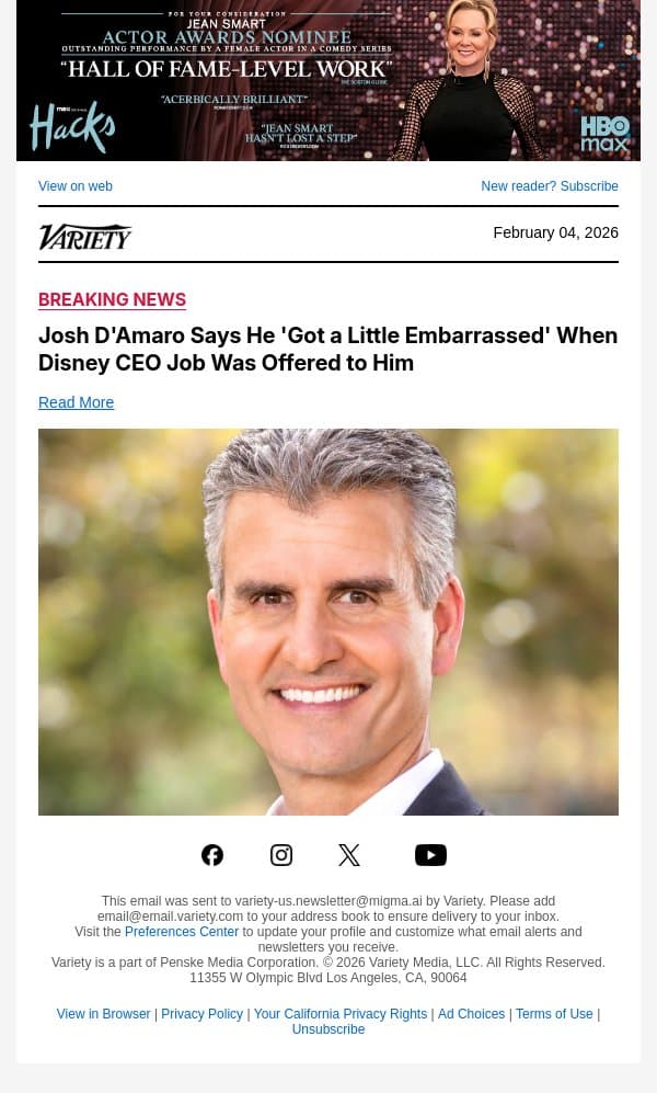 Josh D'Amaro Says He 'Got a Little Embarrassed' When Disney CEO Job Was Offered to Him email from Variety screenshot